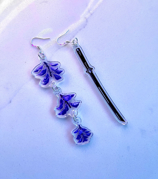 Katana and Wisteria Asymmetrical Earrings